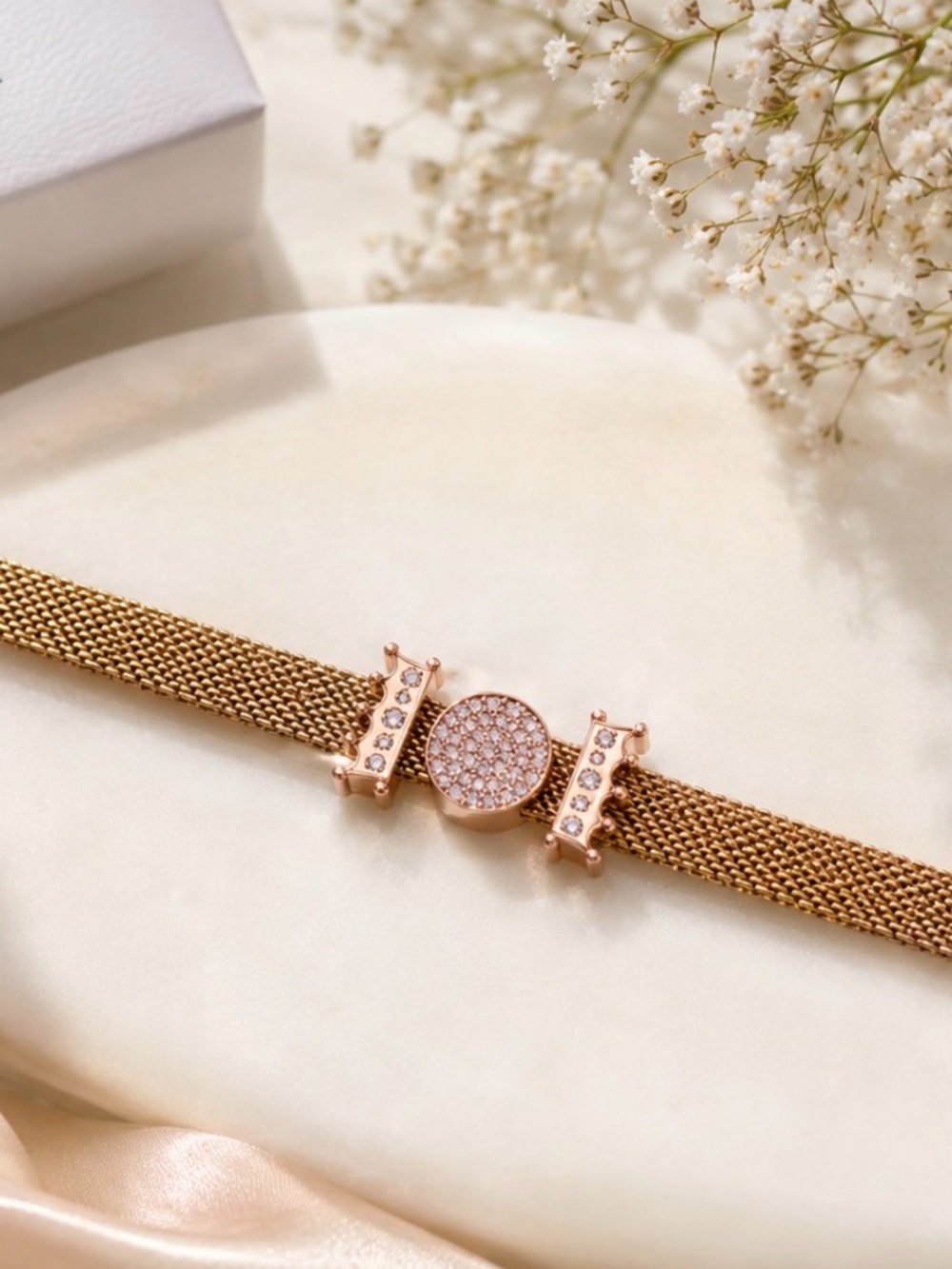 PANDORA Gold plated Mesh Bracelet with  authentic Rose Gold Charms. 6.5 inches